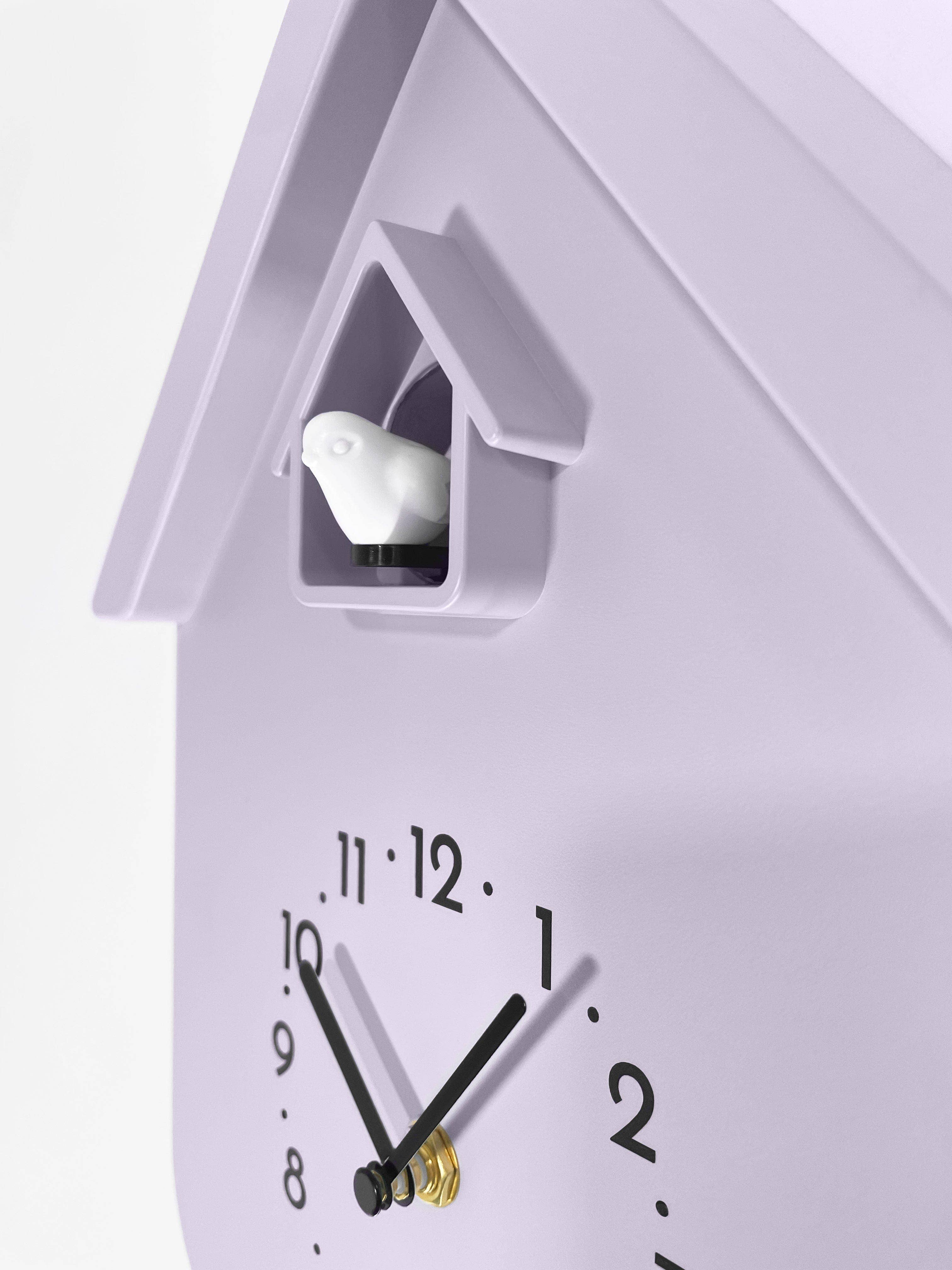 Lavender birdhouse cuckoo wall clock with white bird figurine by NeXtime Twitter