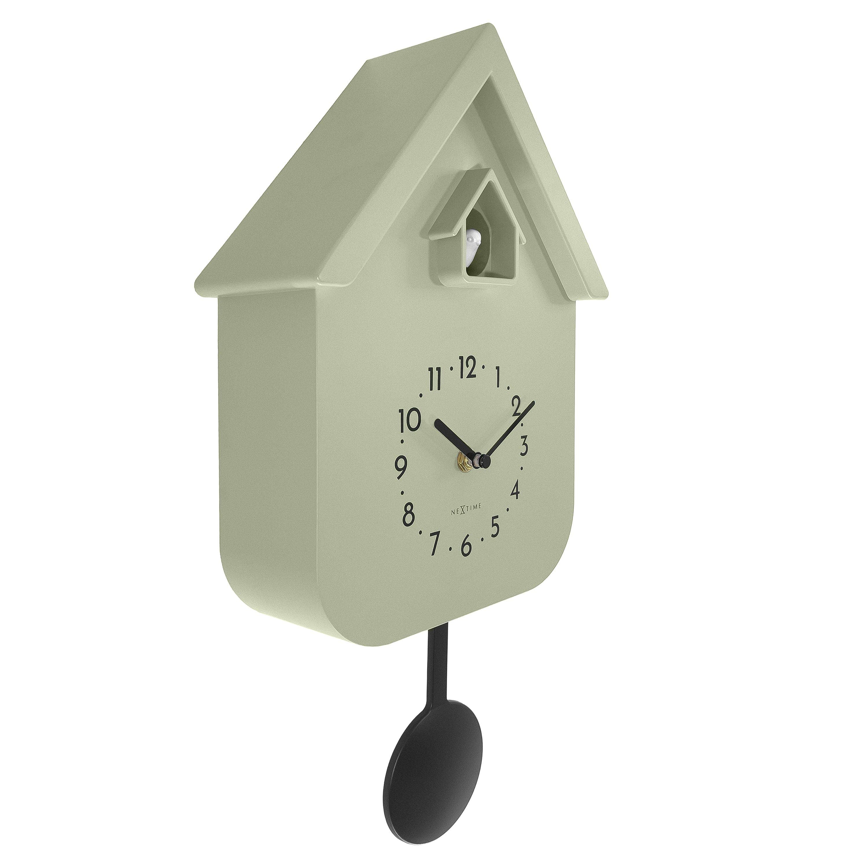 Matte sage green NeXtime Twitter cuckoo clock with minimalist house design