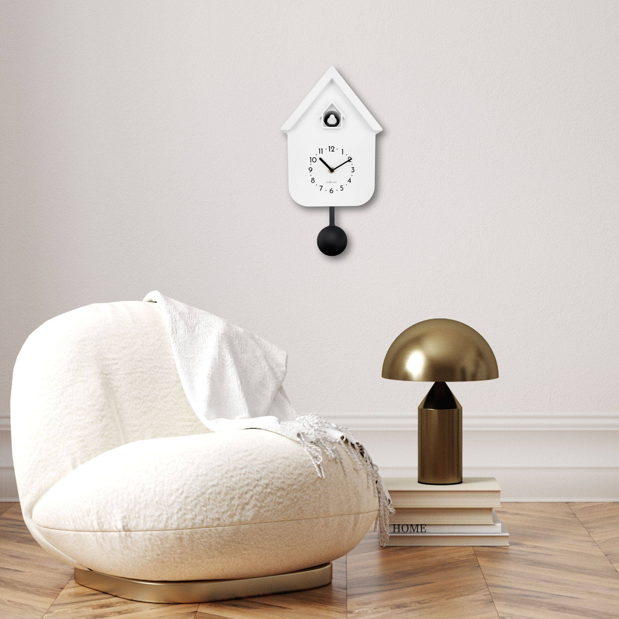 White birdhouse wall clock with black hands, numbers, pendulum, 21.5x41.5x8.5cm, NeXtime Twitter Green