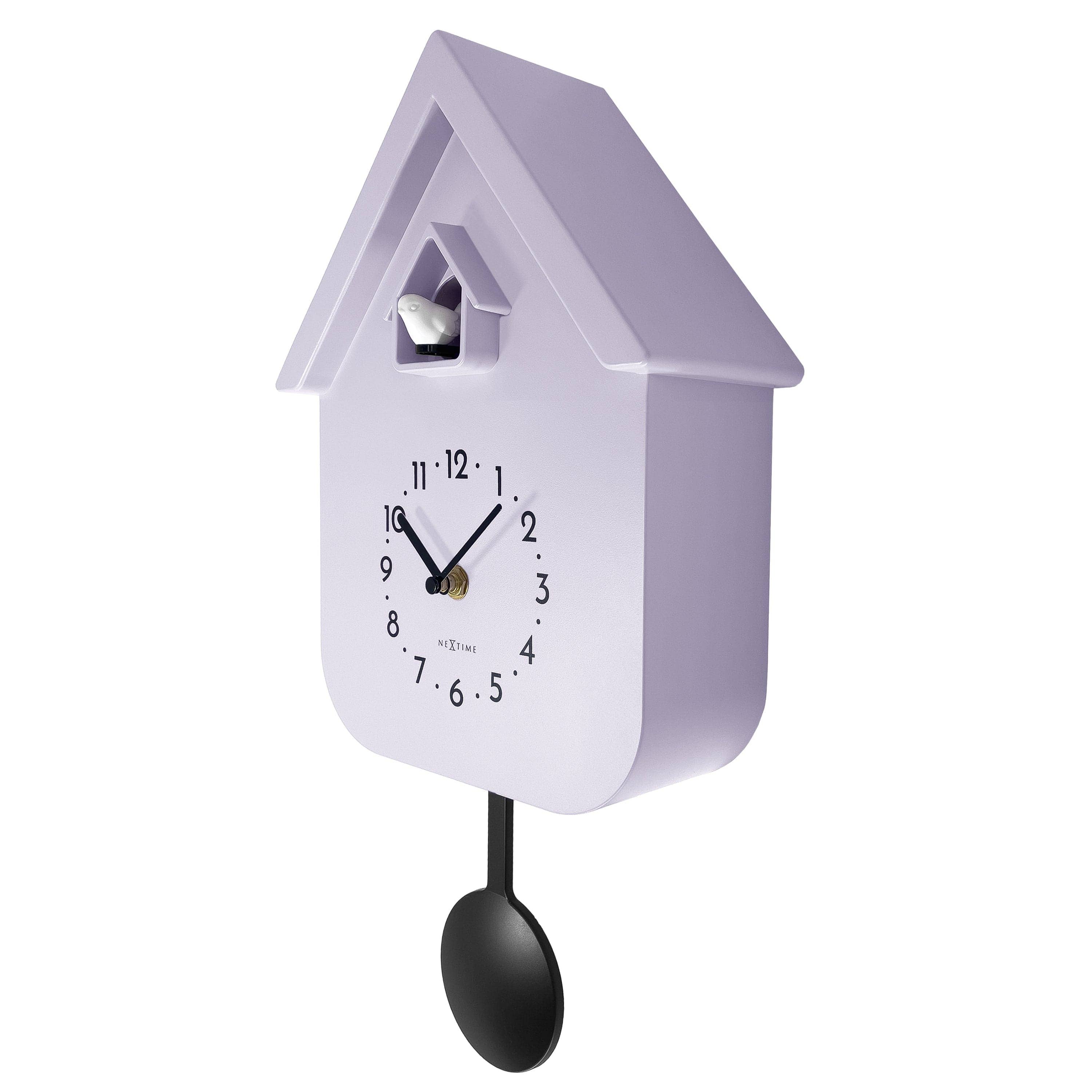Lavender house-shaped wall clock with white face and pendulum, 21.5x41.5x8.5cm