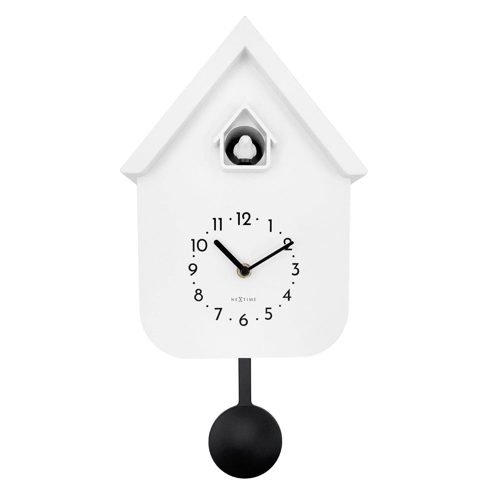 White house-shaped cuckoo clock with black hands, numbers, pendulum, 21.5x41.5x8.5cm