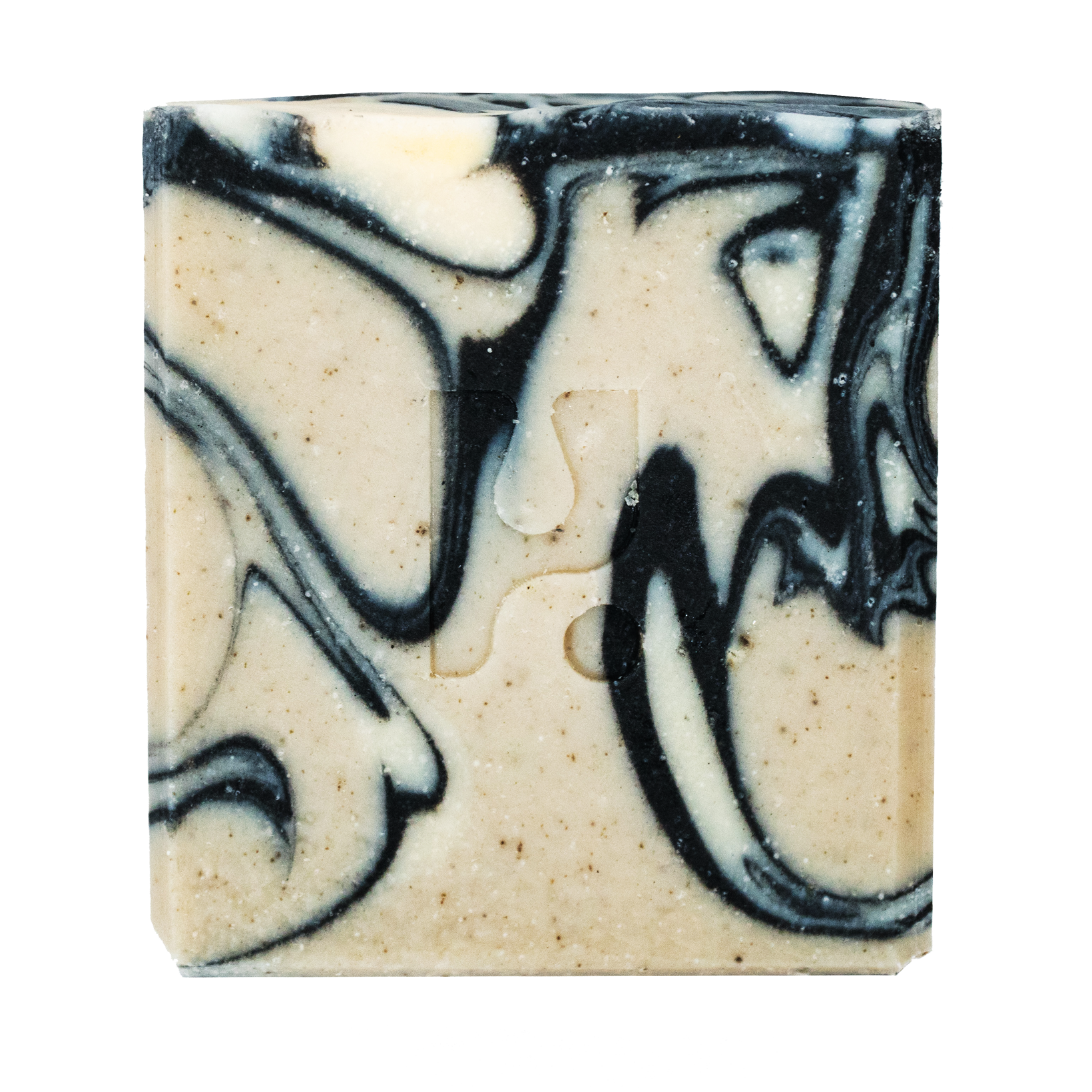 Woodland 160g handmade soap bar with black cream marbled pattern and granules