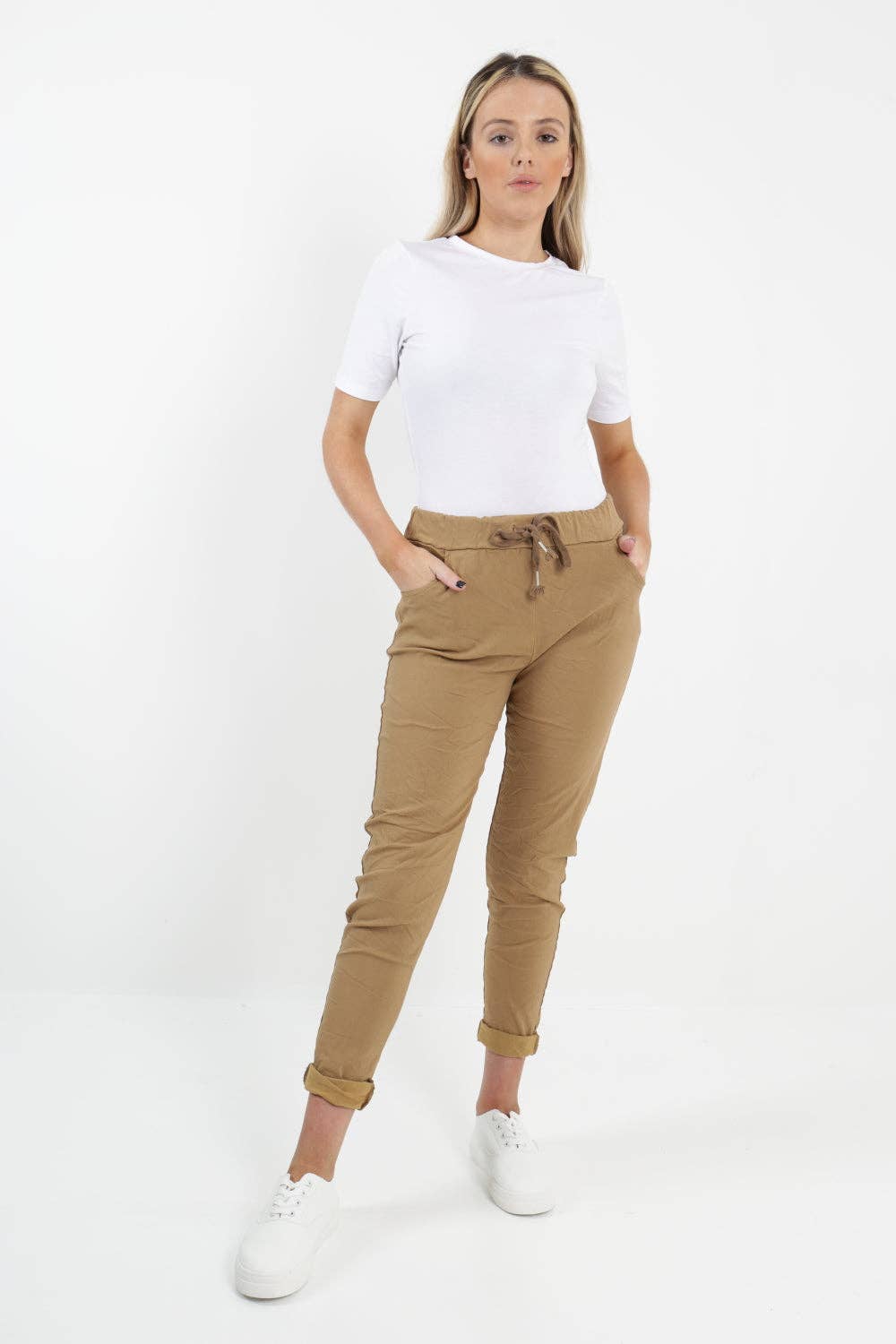 Womens Plain Magic Pants Italian Multi Colours: Beige / One Size (UK 10-14)