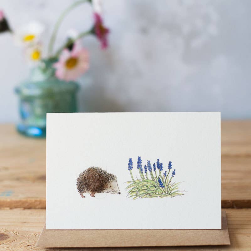 Hedgehog & Grape Hyacinths Mini Card | Wool Greeting Card