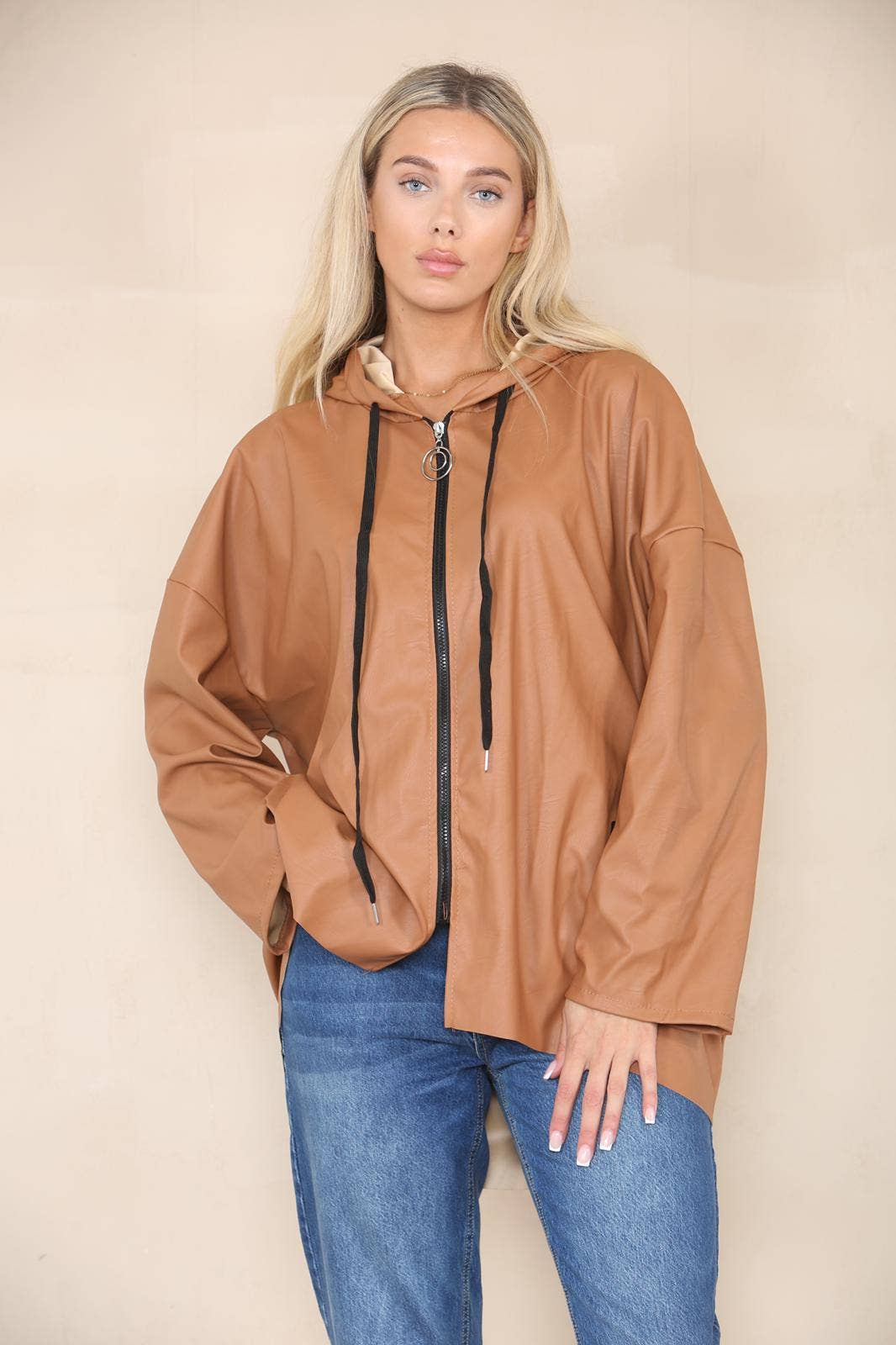 PU Leather Hooded Jacket: Black / One Size To Fit UK 8-20