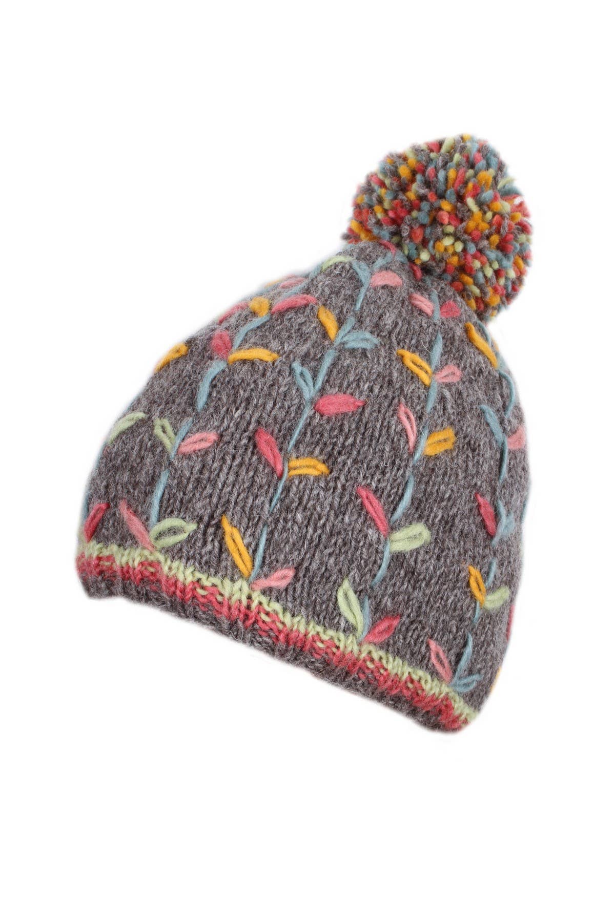 Kylemore Embroidered Leaf Wool Knit Bobble Beanie Hat Grey: Grey