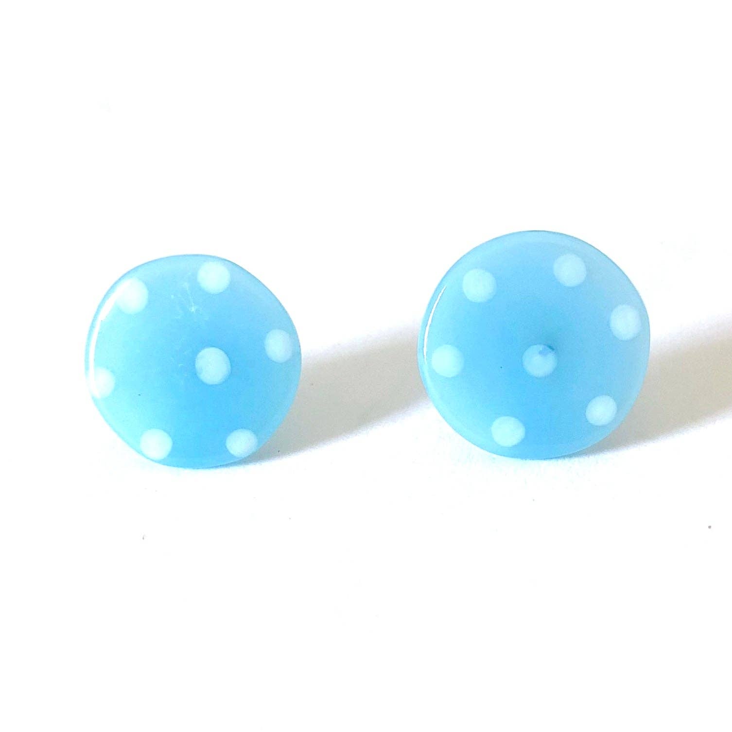 Dotty Ice Blue Handmade Glass Button Stud Earrings