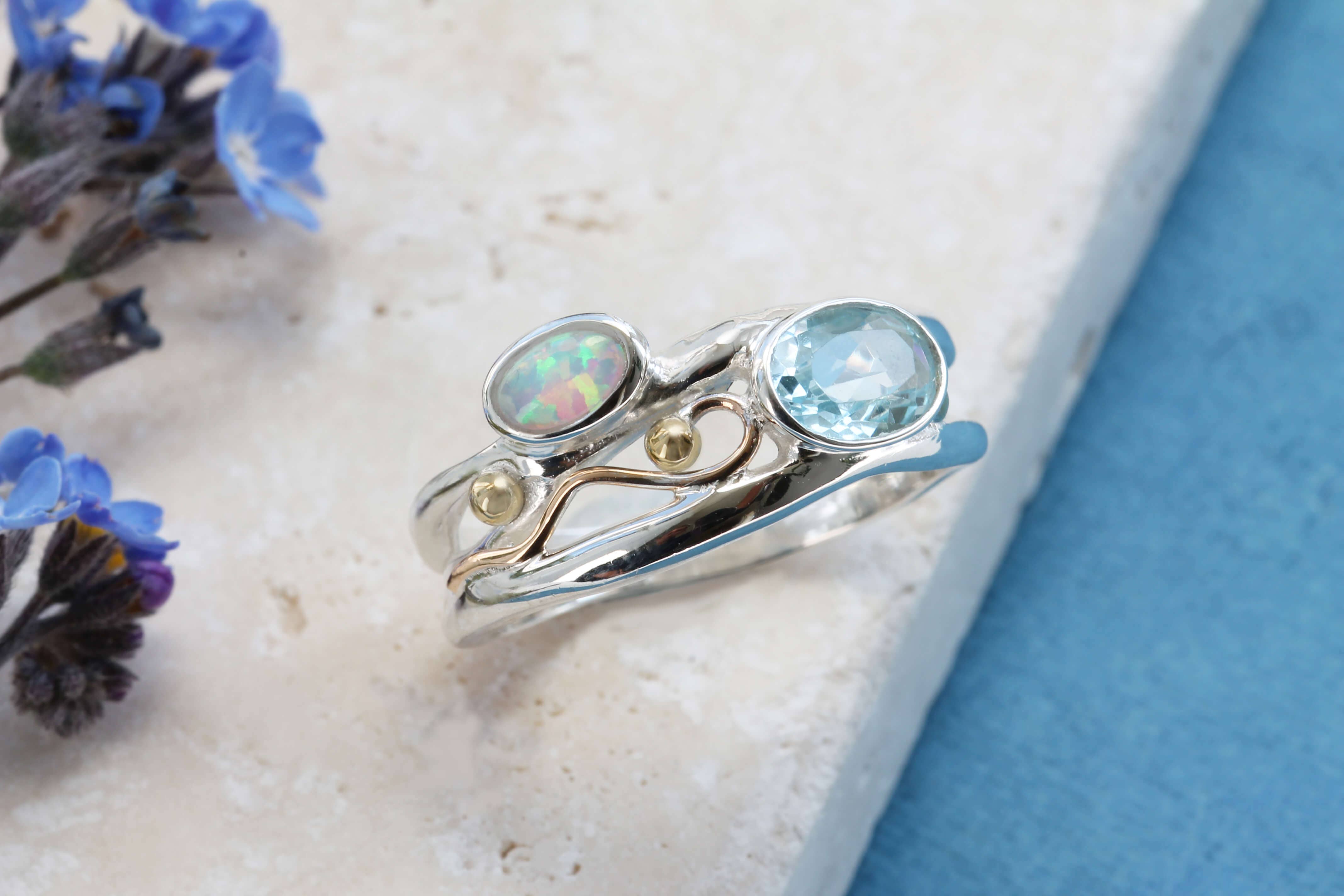 Blue Topaz & Opal Silver Ring O
