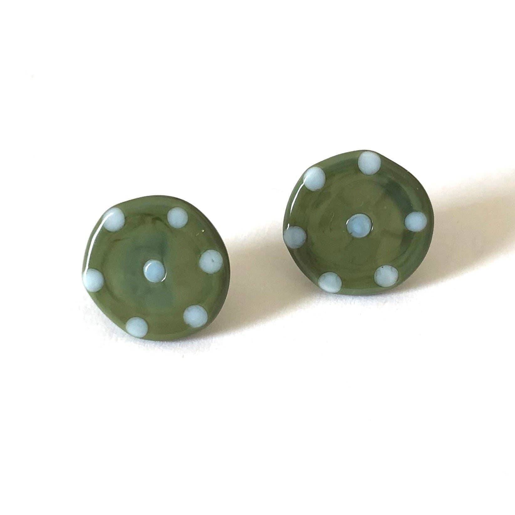 Dotty Olive Handmade Glass Button Stud Earrings