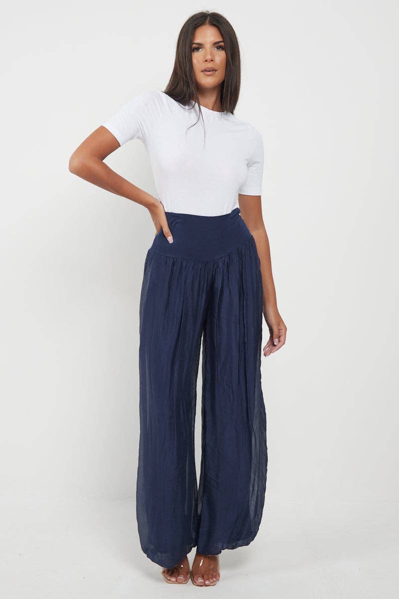 Italian Ladies Plain Wide Leg Silk Palazzo Trouser: Navy / One Size (UK 10-16)