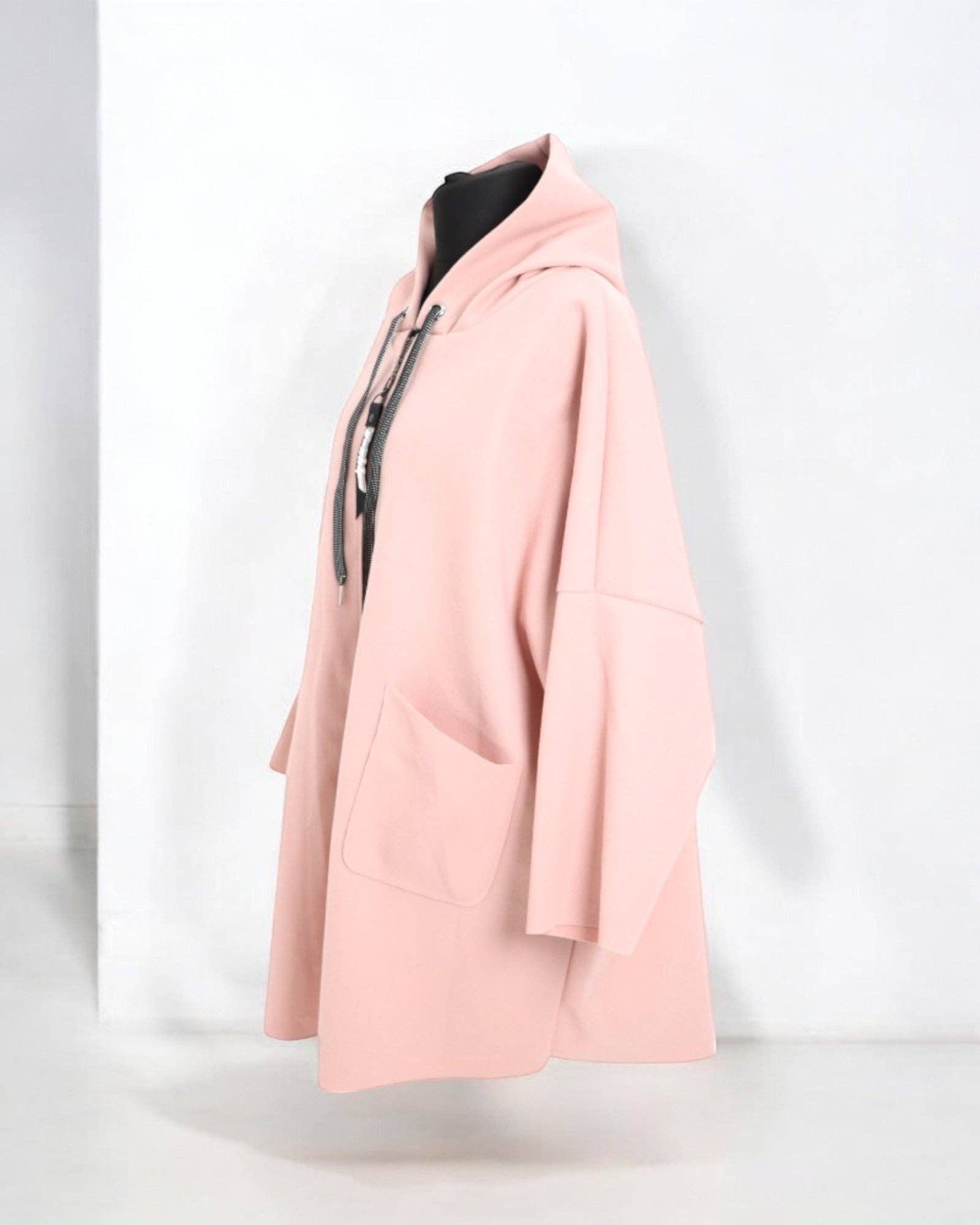 Italian Oversized Longsleeve Zip Up Drawstring Hooded Jacket: Beige / One Size To Fit UK 8-22