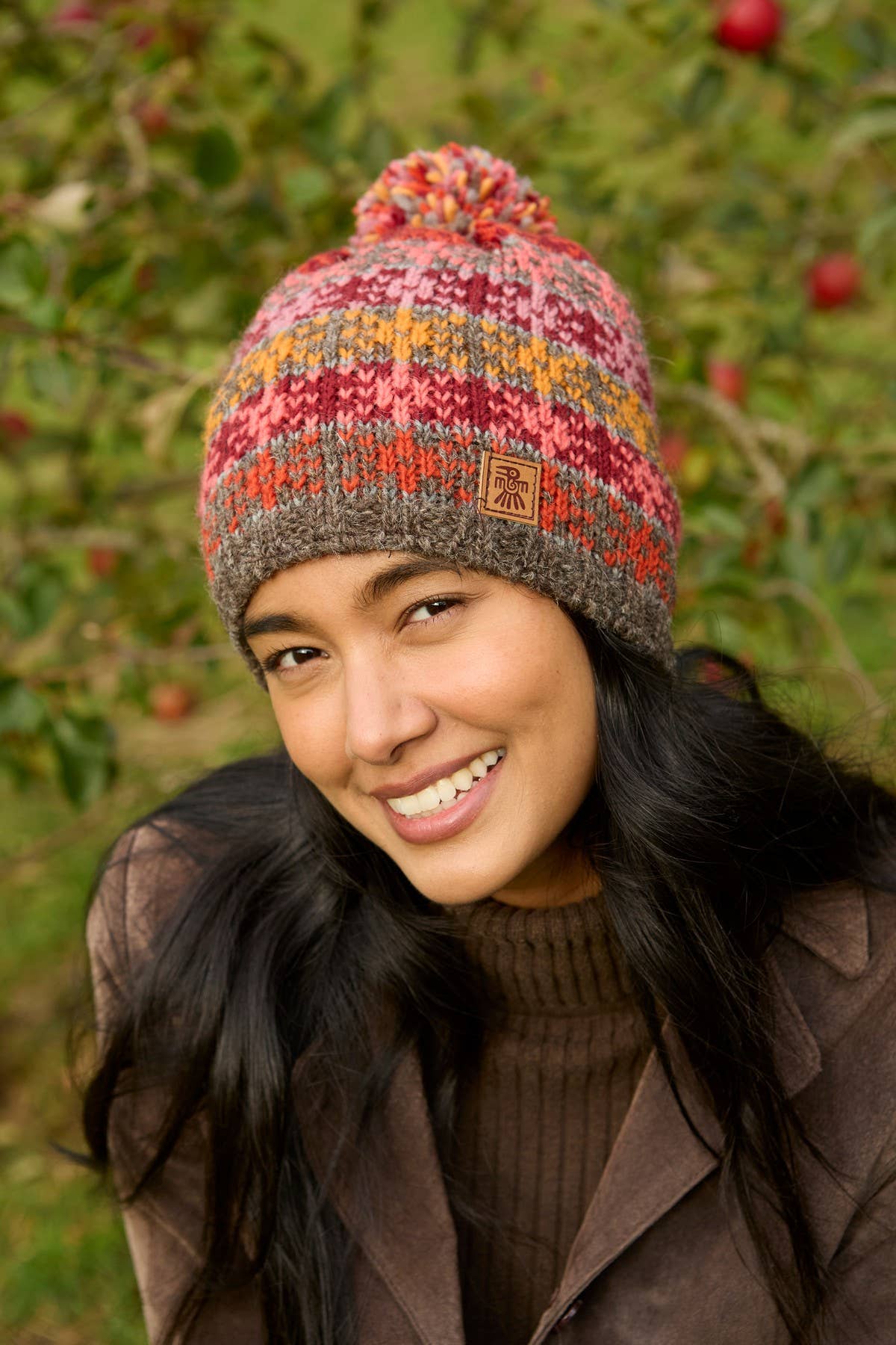 Tintagel Earth Fair Isle Pattern Bobble Hat Fine Knit Wool: Warm
