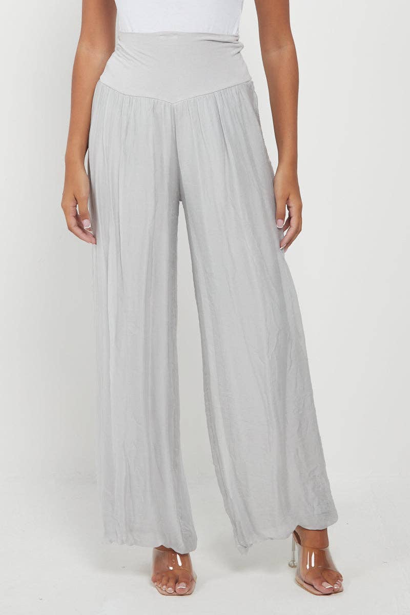 Italian Ladies Plain Wide Leg Silk Palazzo Trouser: Beige / One Size (UK 10-16)