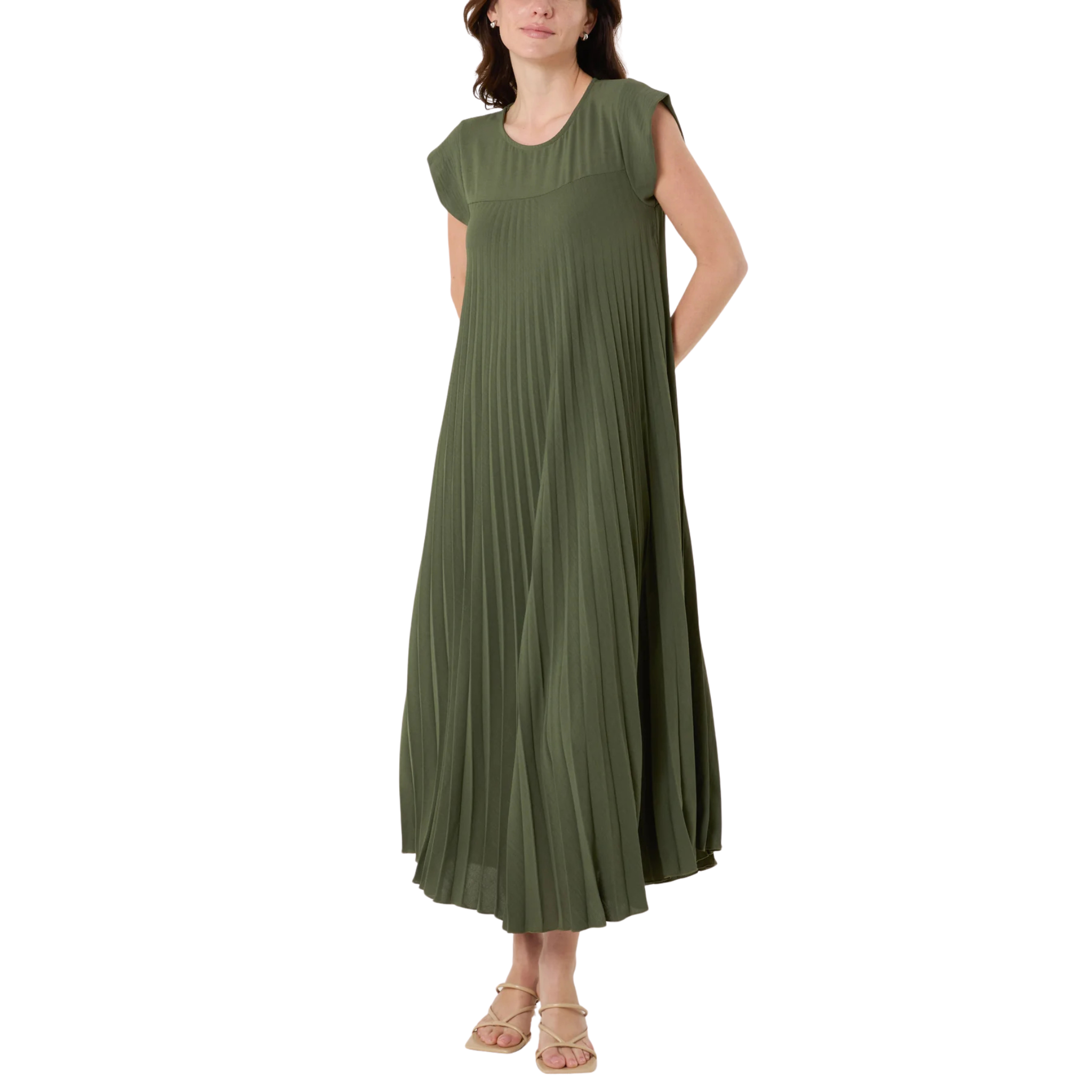 Khaki pleated Maxi Dress
