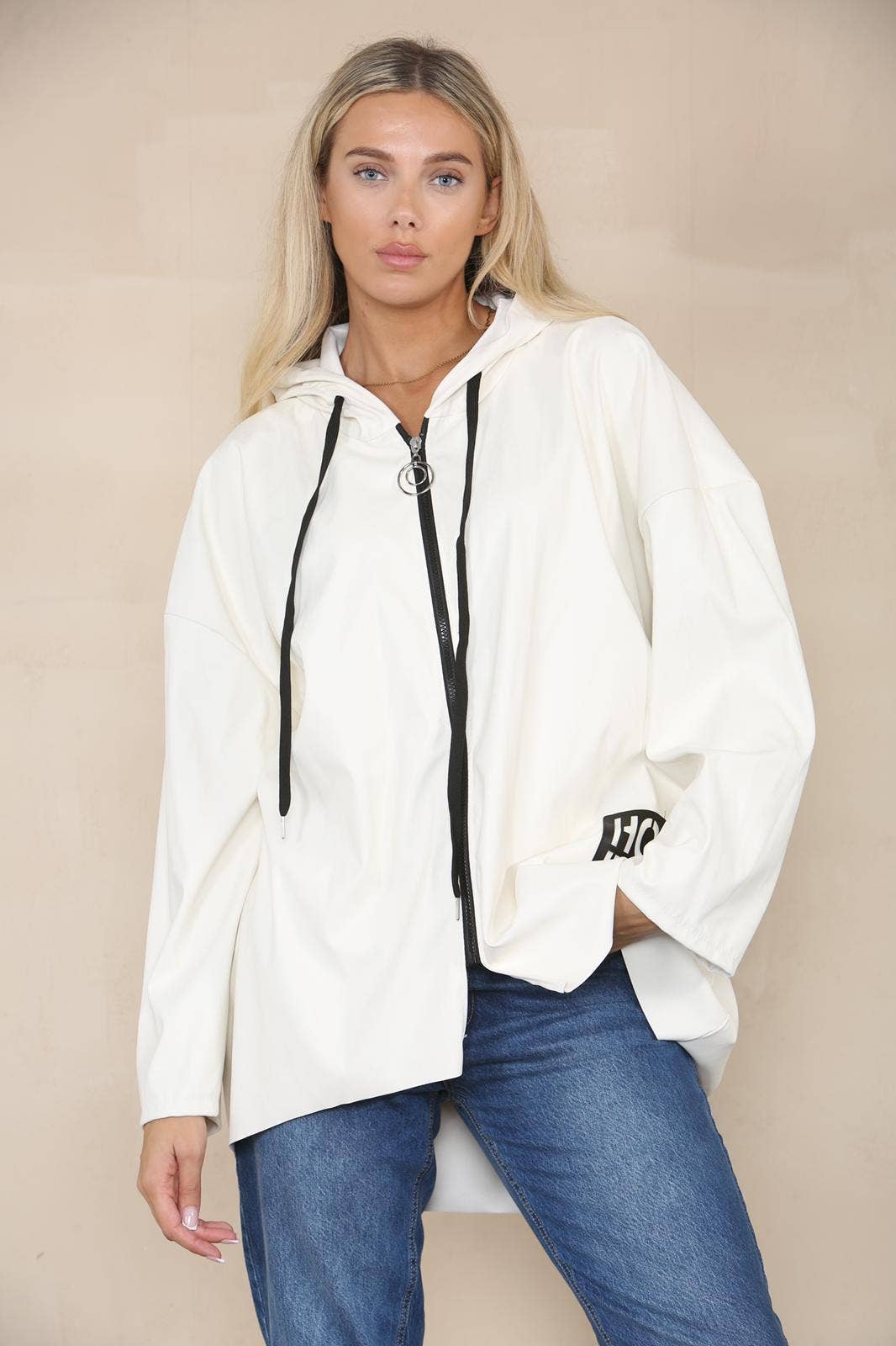PU Leather Hooded Jacket: Cream / One Size To Fit UK 8-20