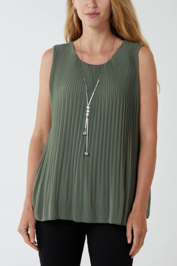 khaki Pleated Round Neck Vest