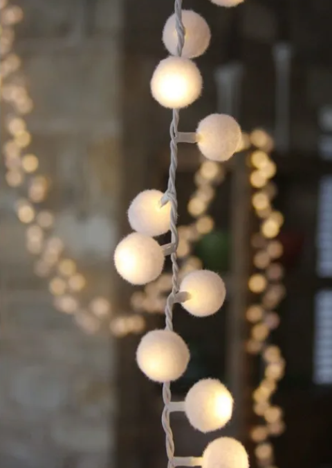 150 LED Pom Pom String Lights with fluffy white pom-poms
