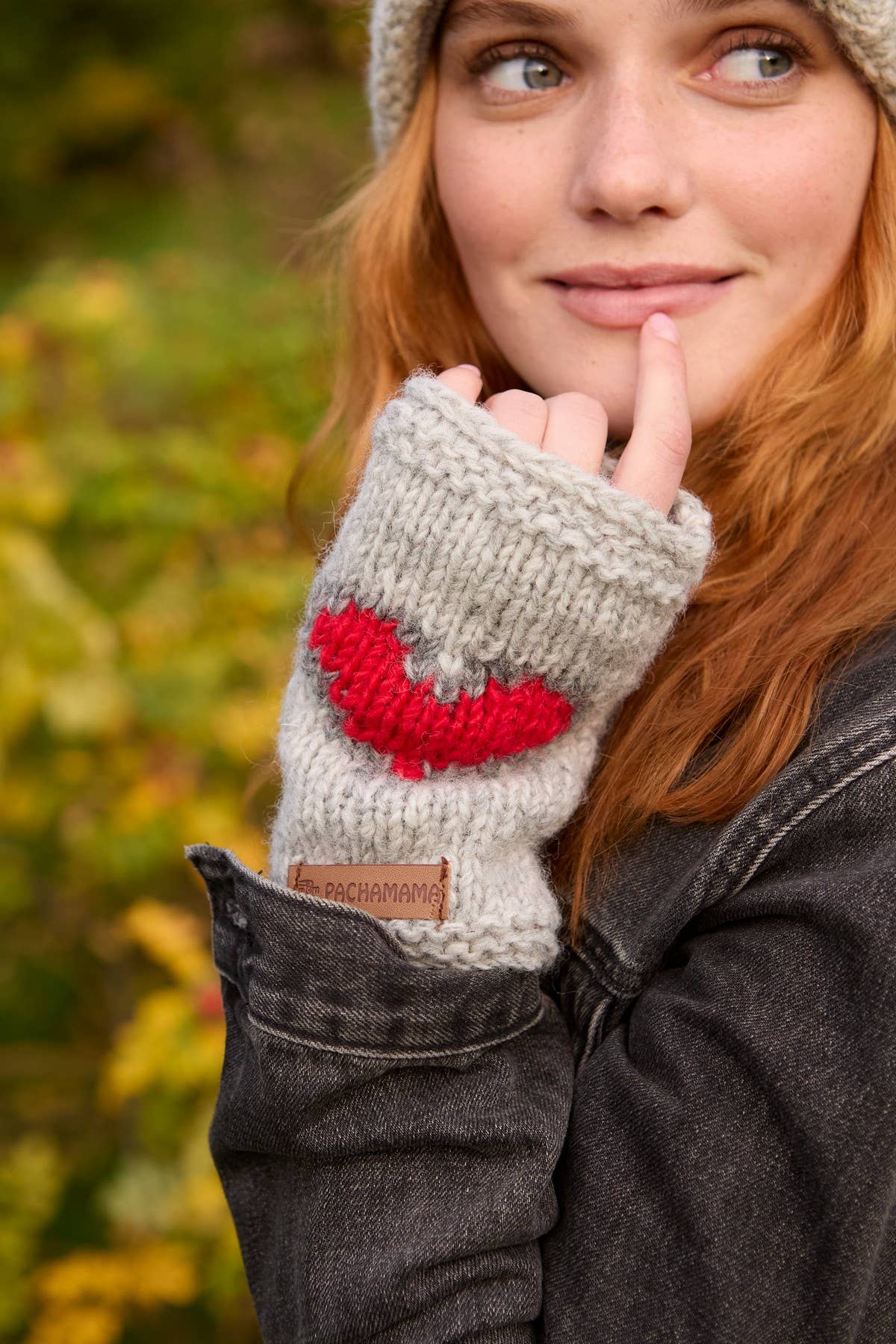 Heart - Natural Hand Knitted Wool Red Heart Fingerless Glove: One Colour