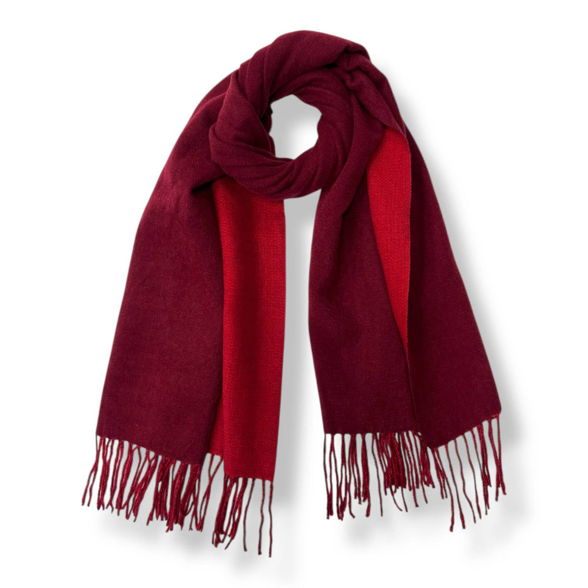 Reversible two tone coloured plain cashmere blend scarf: Burgundy
