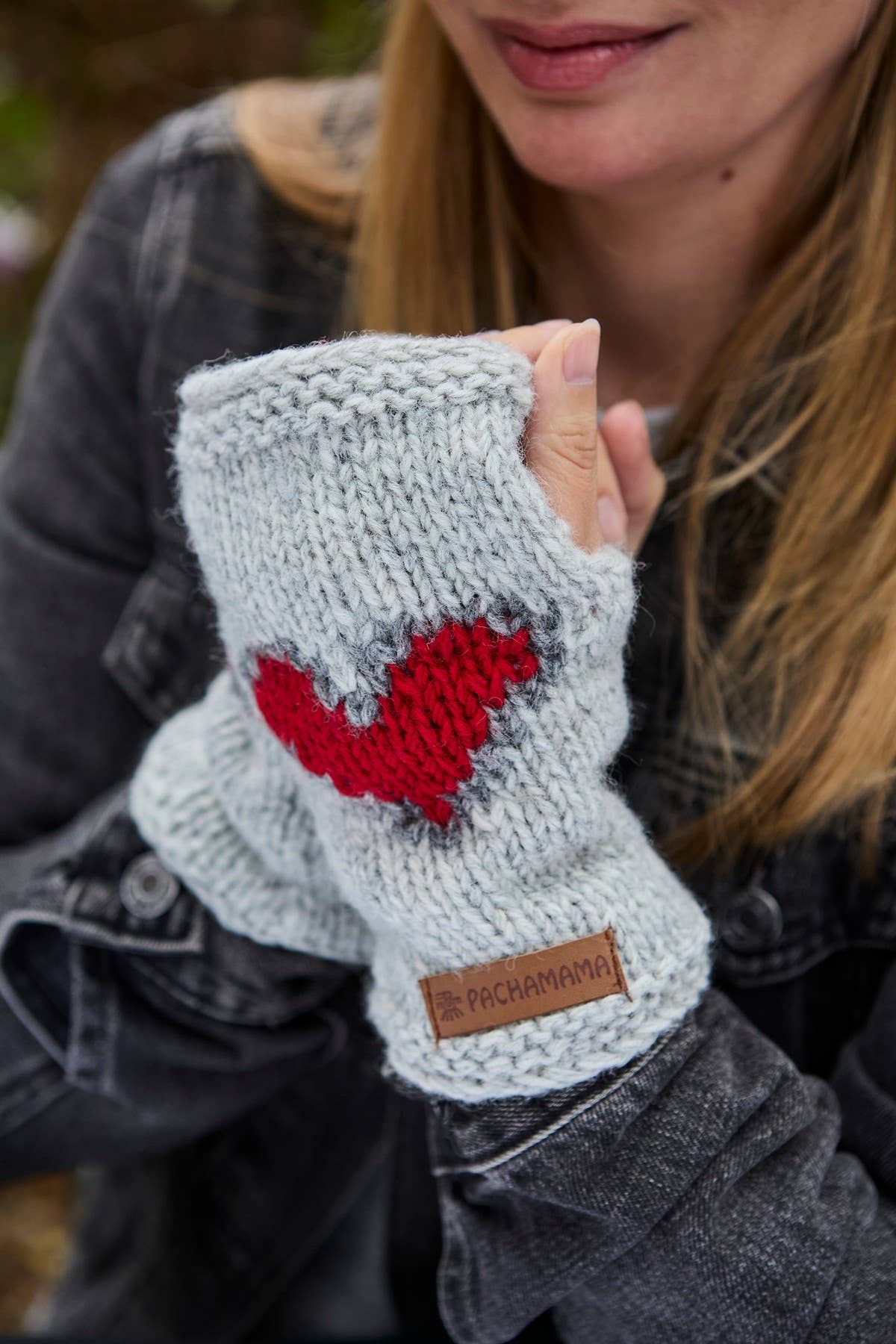 Heart - Natural Hand Knitted Wool Red Heart Fingerless Glove: One Colour