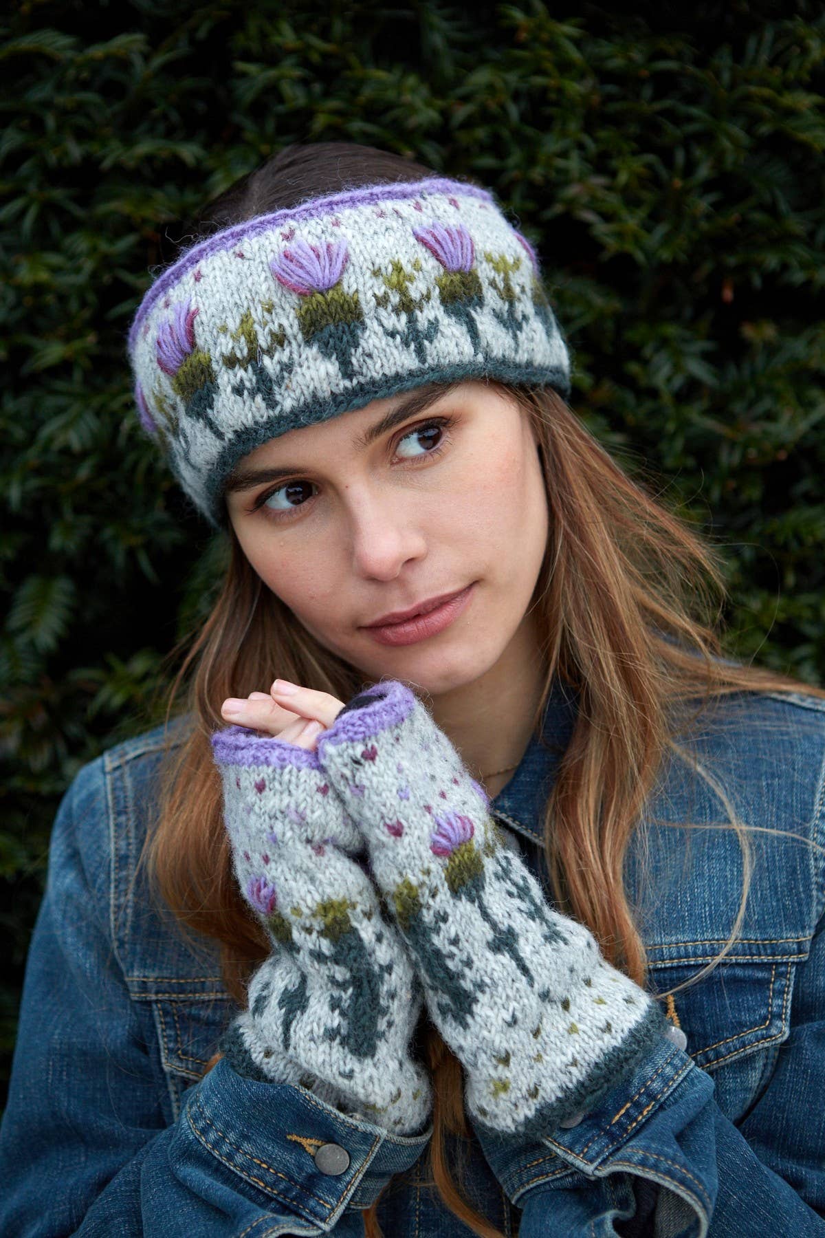 Scottish Thistle Knit Ear Warmers Grey Wool Floral: One Colour