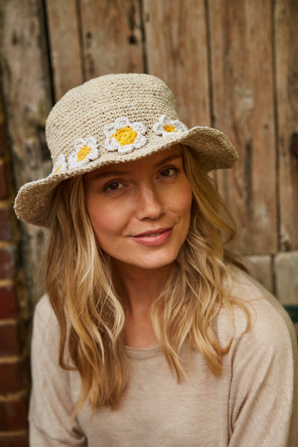 Crocheted Hemp Cotton Sun Hat Embroidered Daisy Chain Oat: One Colour