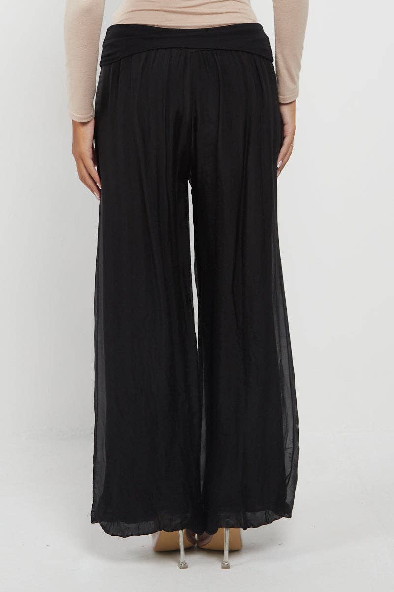 Italian Ladies Plain Wide Leg Silk Palazzo Trouser: Navy / One Size (UK 10-16)