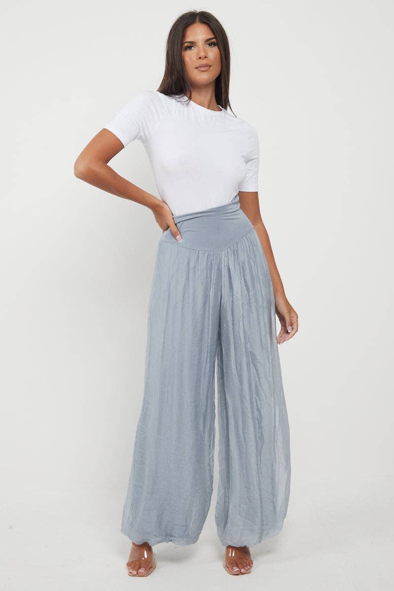 Italian Ladies Plain Wide Leg Silk Palazzo Trouser: Beige / One Size (UK 10-16)
