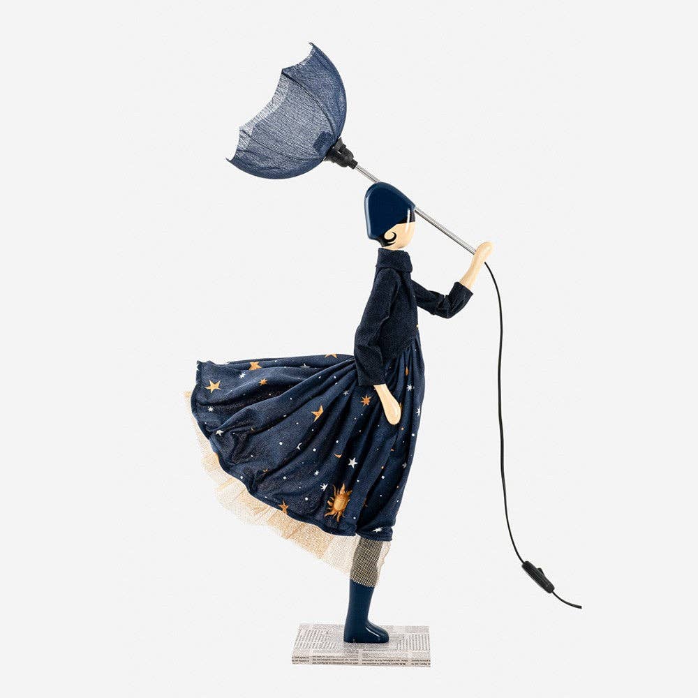 Whimsical Nunki Lady Lamp: Navy Blue Figurine in Starry Dress with Umbrella Shade