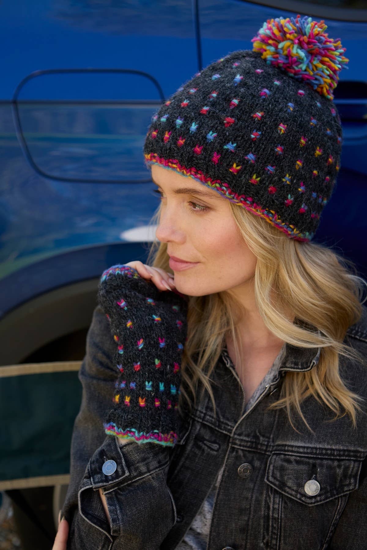 Mosaic Space Dyed Wool Knit Fingerless Gloves Black: One Colour