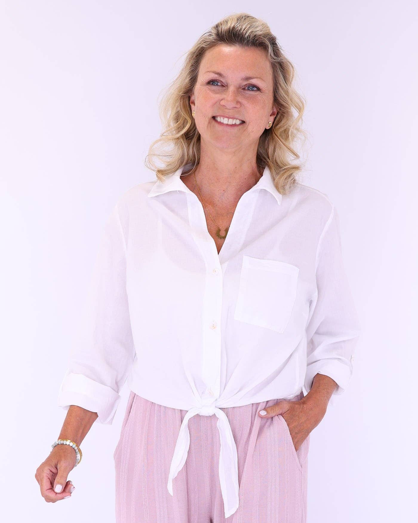 Cotton Tie Front Shirt: Sky