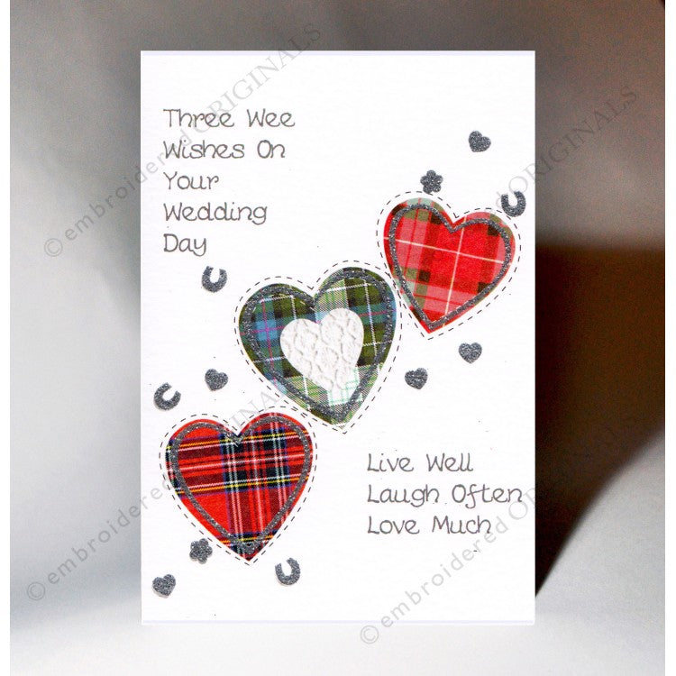 3 Tartan Hearts Wedding Card Textured - The Nancy Smillie Shop - Art, Jewellery & Designer Gifts Glasgow