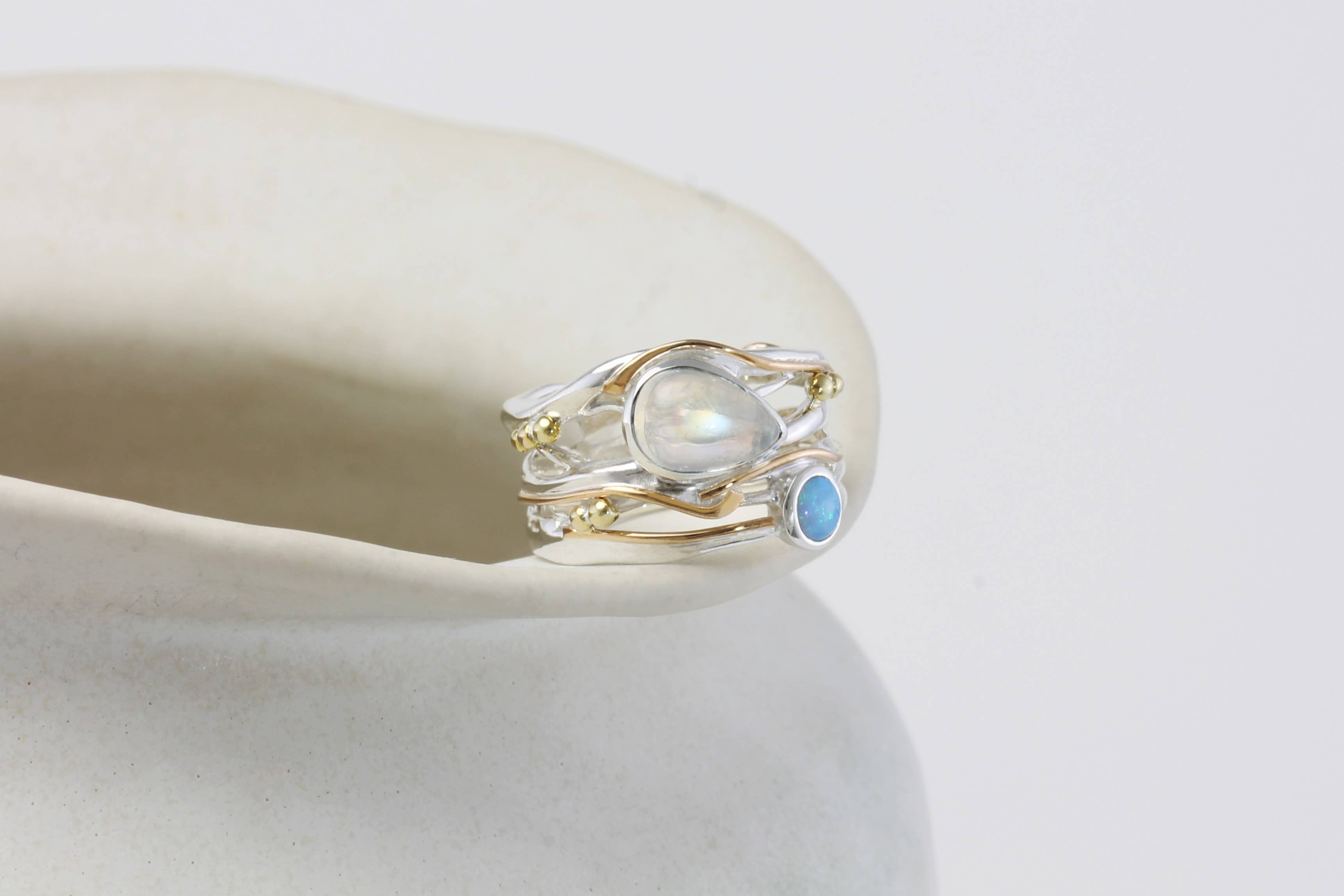 Handmade Sterling SilverMoonstone and Opalite Statement Ring: P