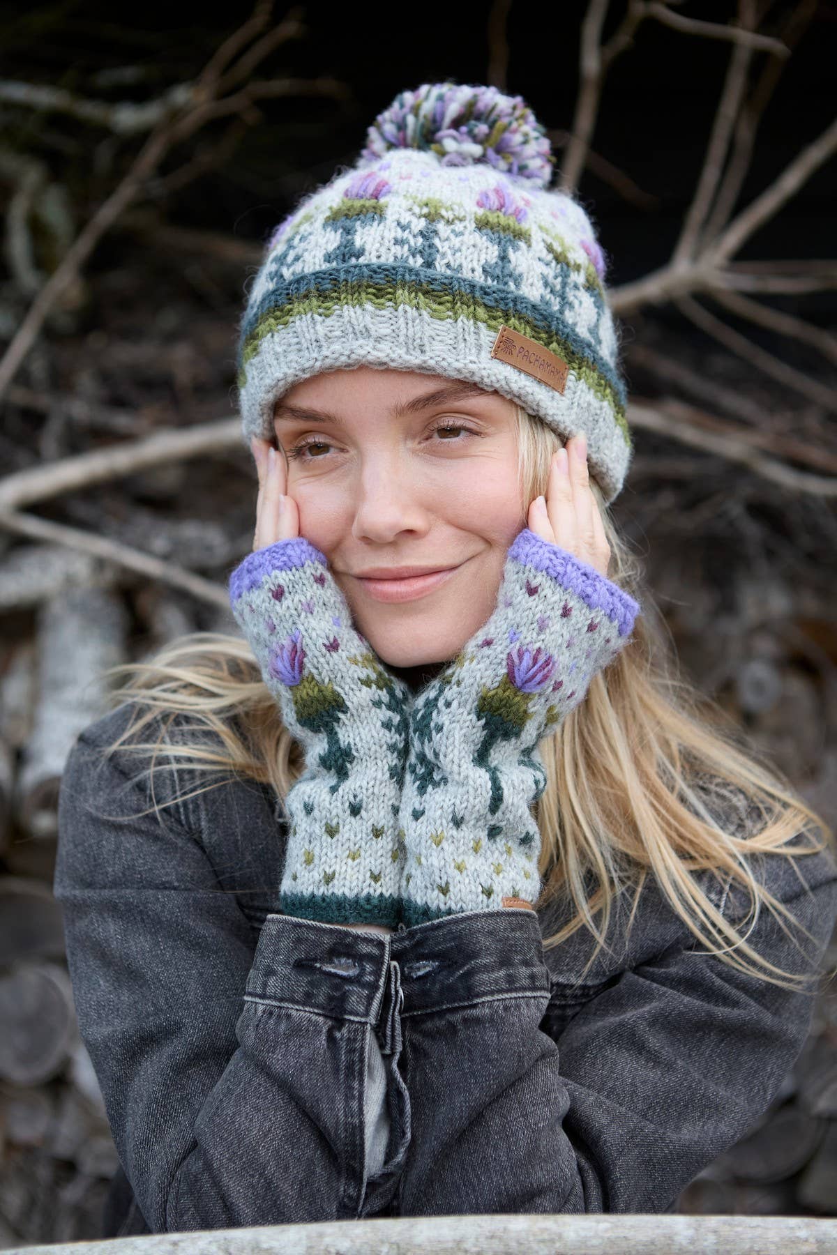 Scottish Thistle Knit Fingerless Gloves Grey Wool Floral: One Colour