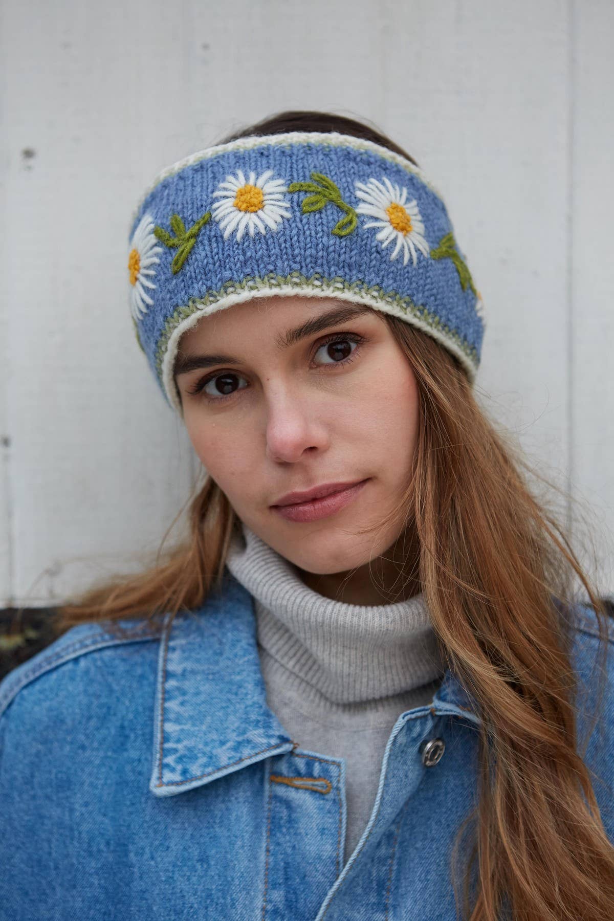 Daisy Chain Blue Fleece Lined Knit Wool Ear Warmer Headband: Jacaranda