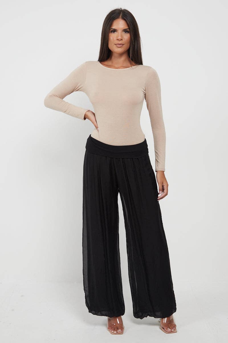 Italian Ladies Plain Wide Leg Silk Palazzo Trouser: Beige / One Size (UK 10-16)