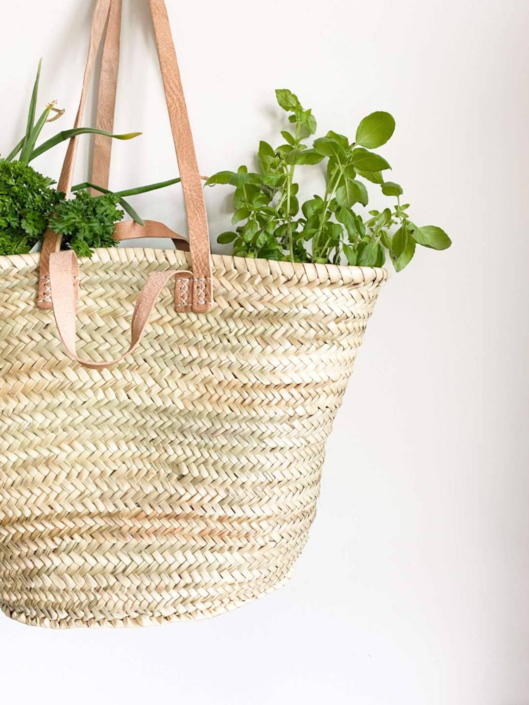 Handmade Straw Bag with Leather Handles, French Market Bag: Brown