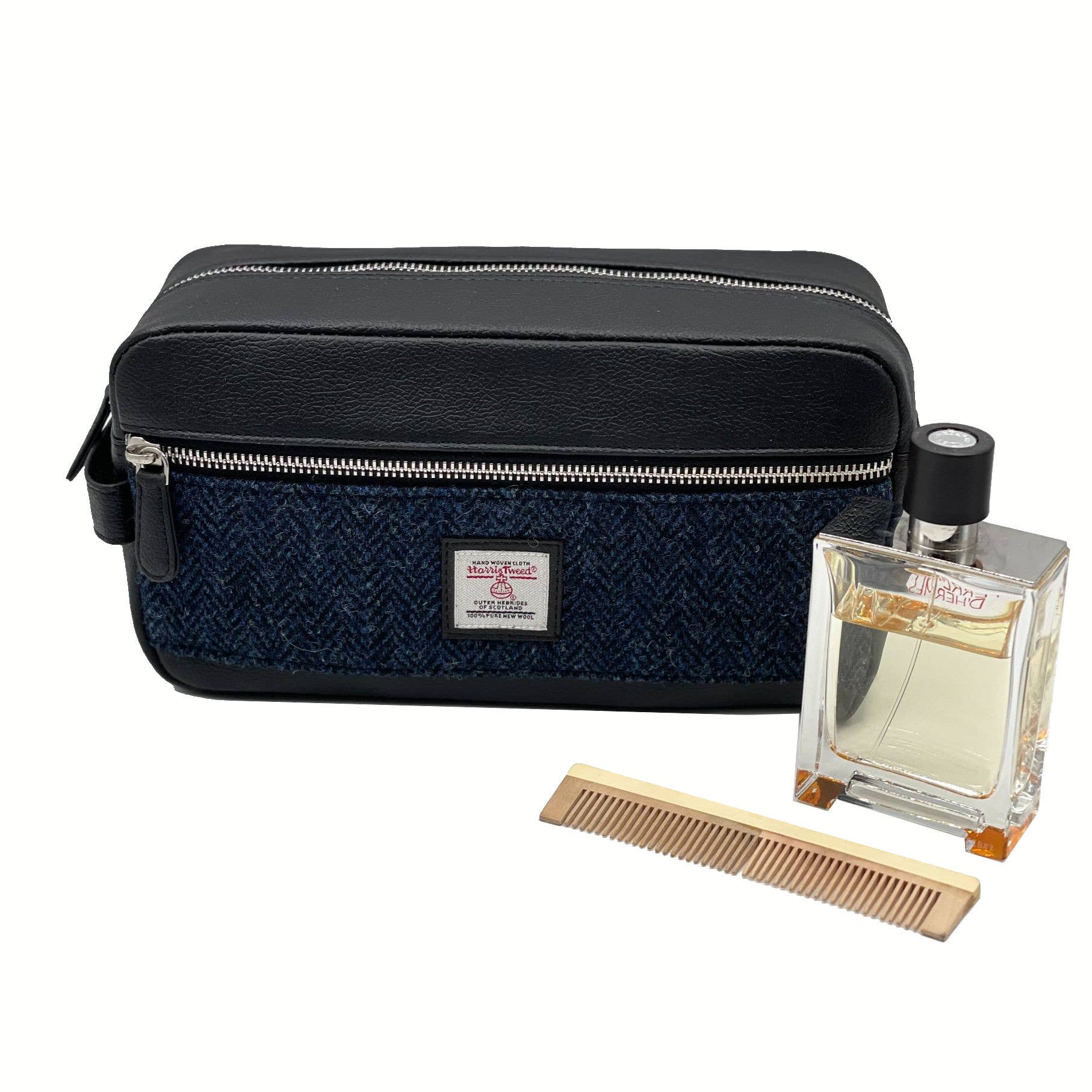 Harris Tweed Toiletry Bag Blue Herrinbone