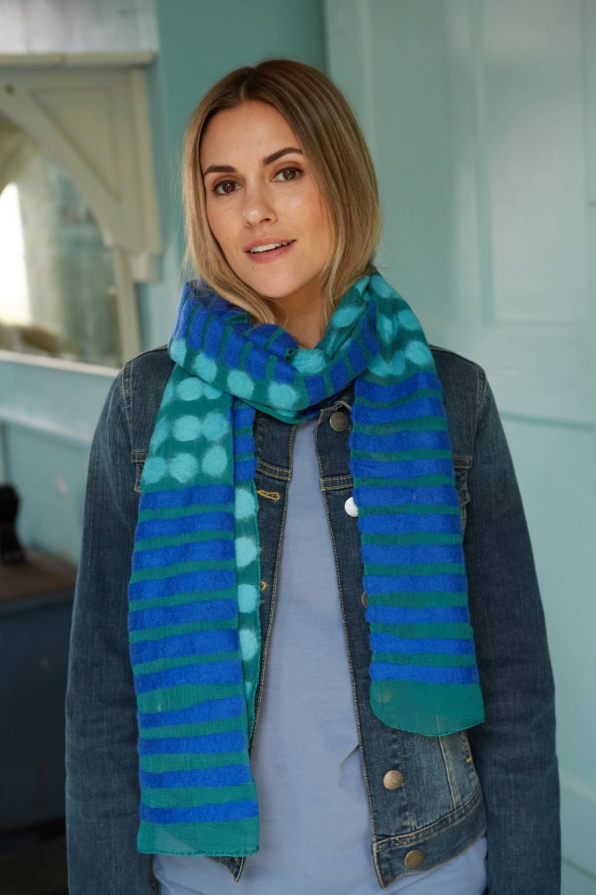 Spots and Stripes Felted Wool Scarf Shades of Blue: Blue