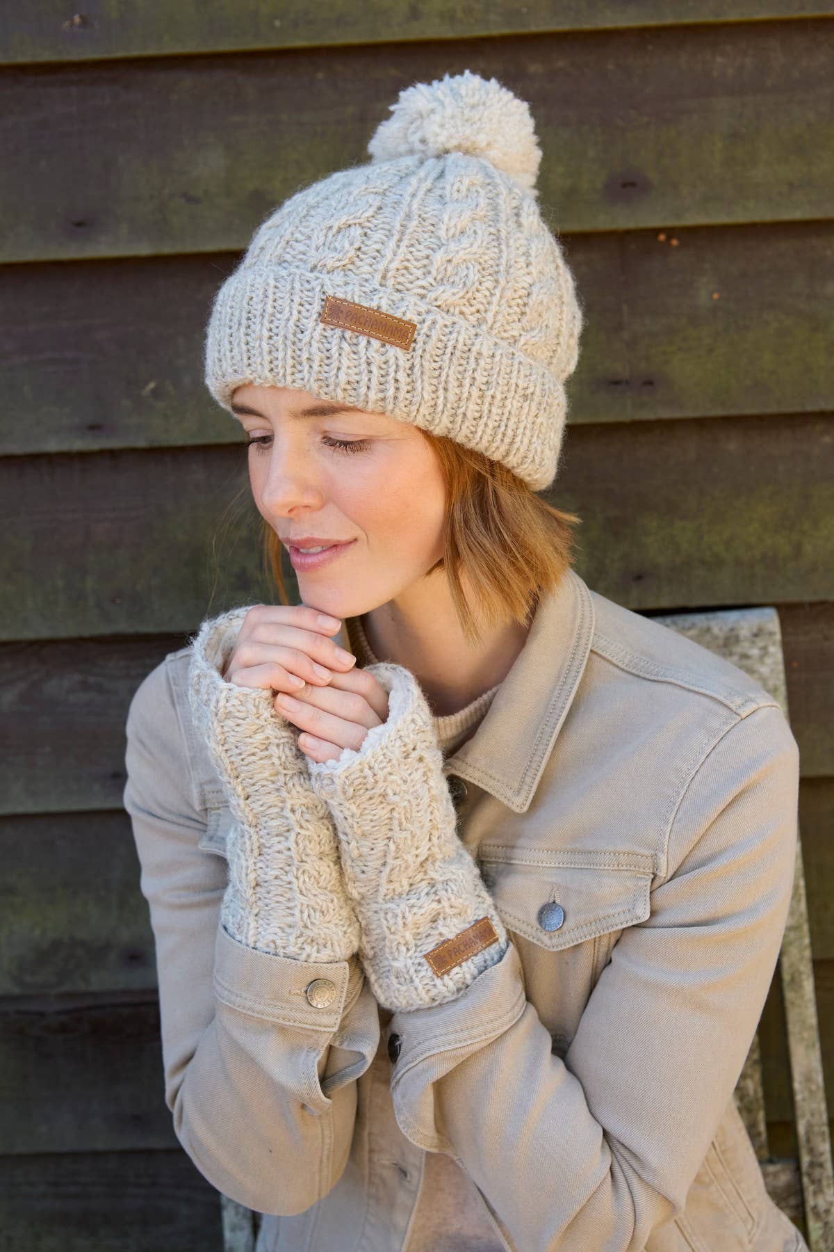 Chamonix - Cable Knit Sherpa Lined Wool Winter Bobble Hat Oatmeal: Oatmeal