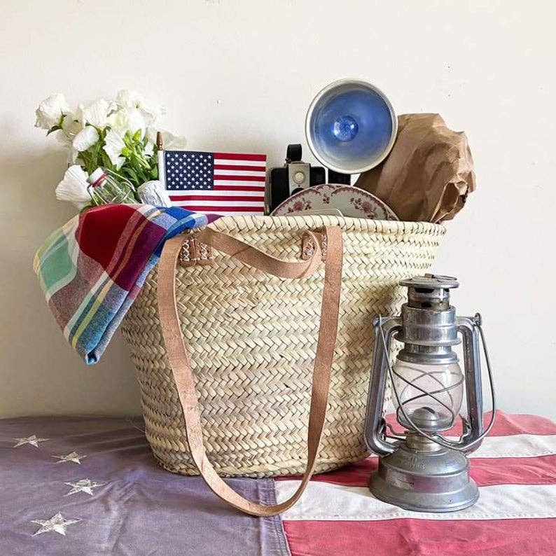 Handmade Straw Bag with Leather Handles, French Market Bag: Brown