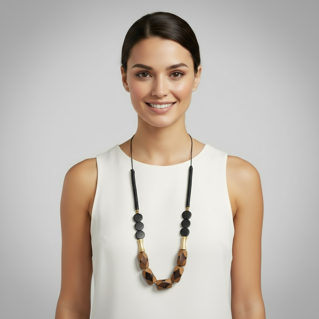 MRL02 - Adjustable cord necklace with Clay, acrylic, wood and gold plated detail
