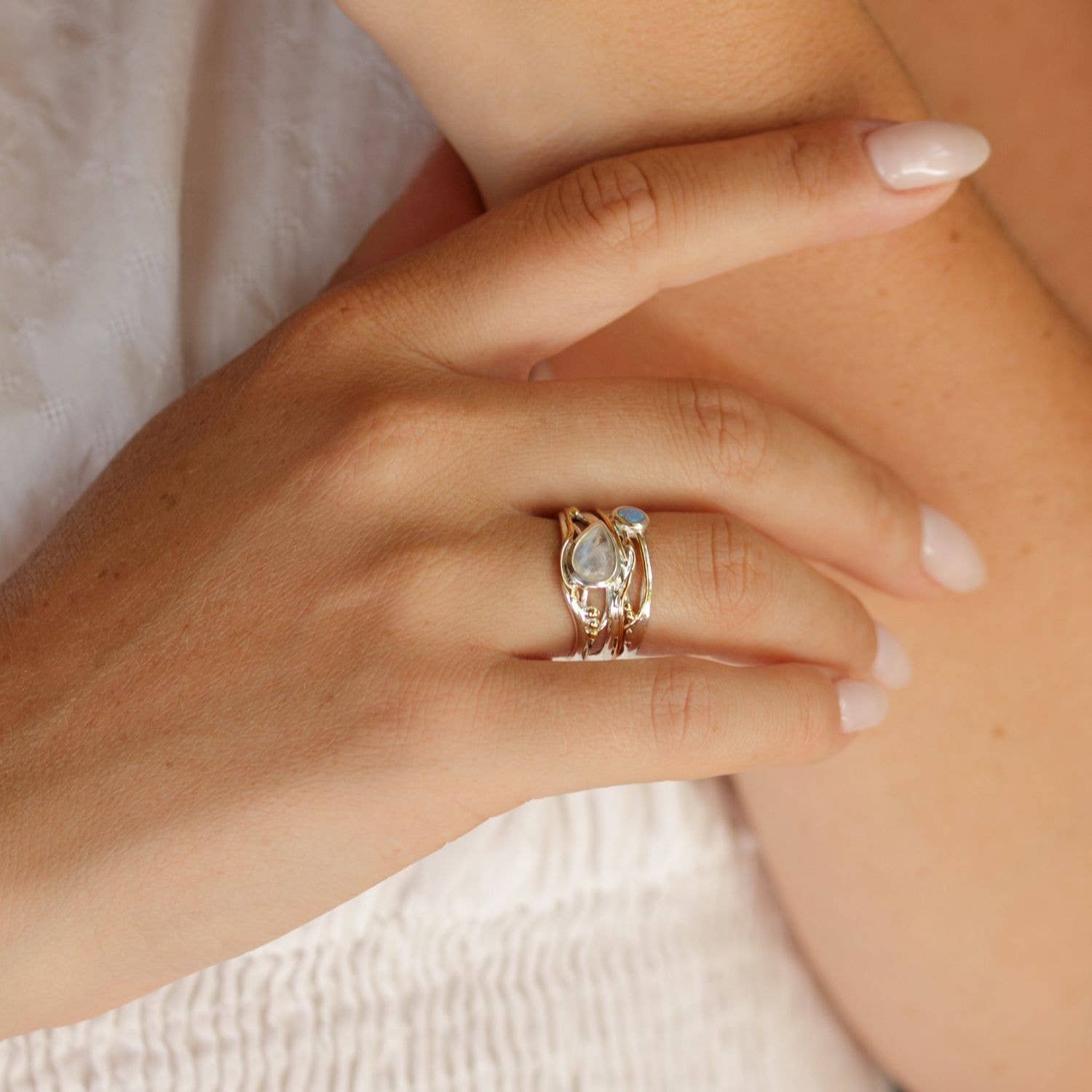 Handmade Sterling SilverMoonstone and Opalite Statement Ring: P