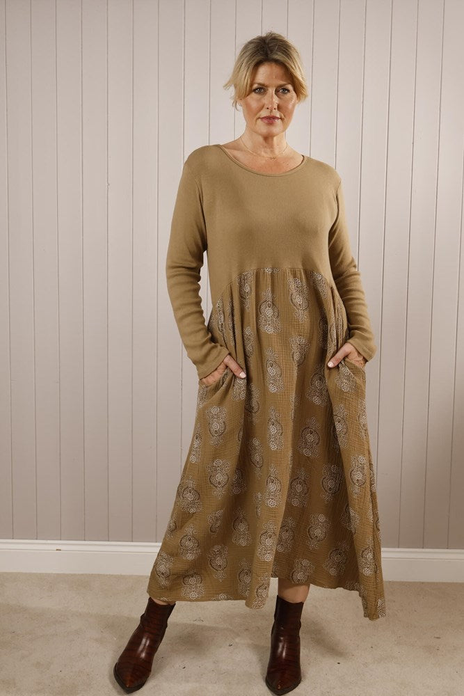 Cotton Long Sleeve Dress Toffee