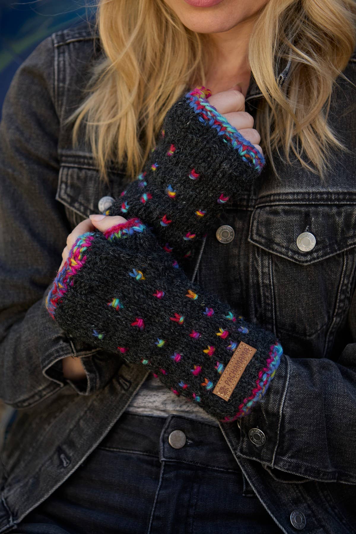 Mosaic Space Dyed Wool Knit Fingerless Gloves Black: One Colour