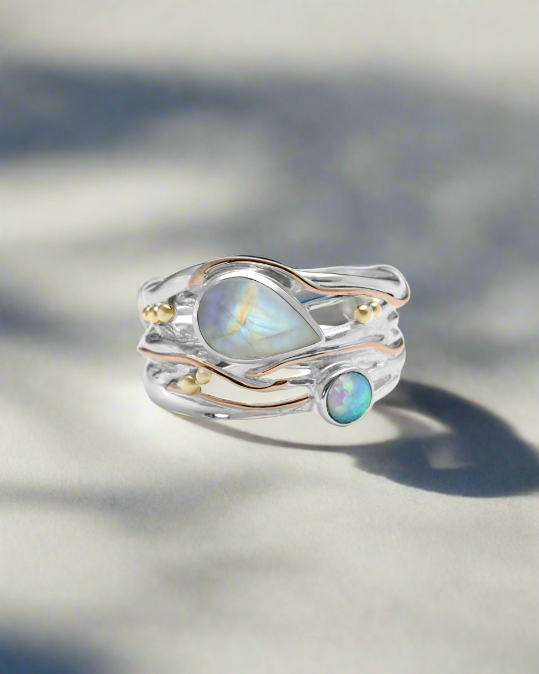 Handmade Sterling SilverMoonstone and Opalite Statement Ring: P