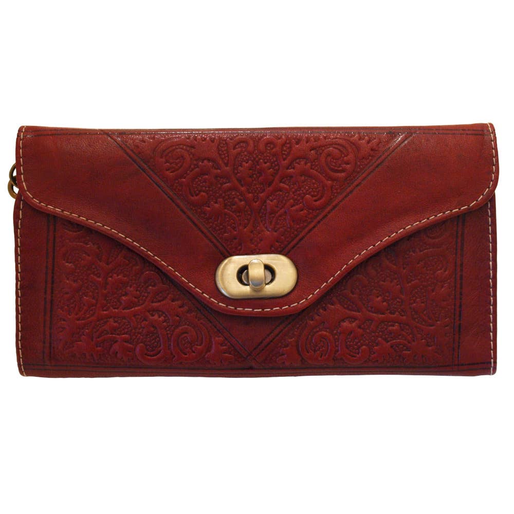 Large Leather Ladies Tri-Fold Purse: Red