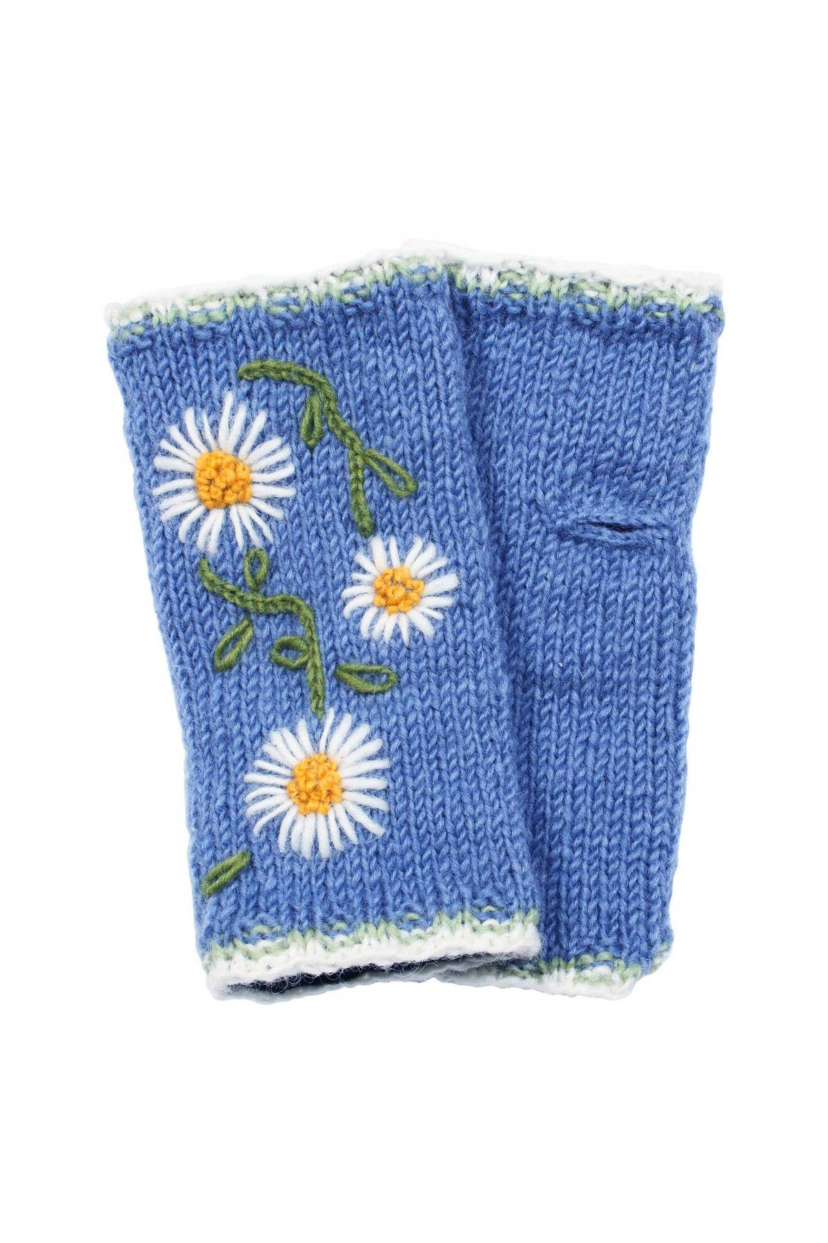 Daisy Chain - Blue Fleece Lined Knit Wool Fingerless Gloves: Jacaranda
