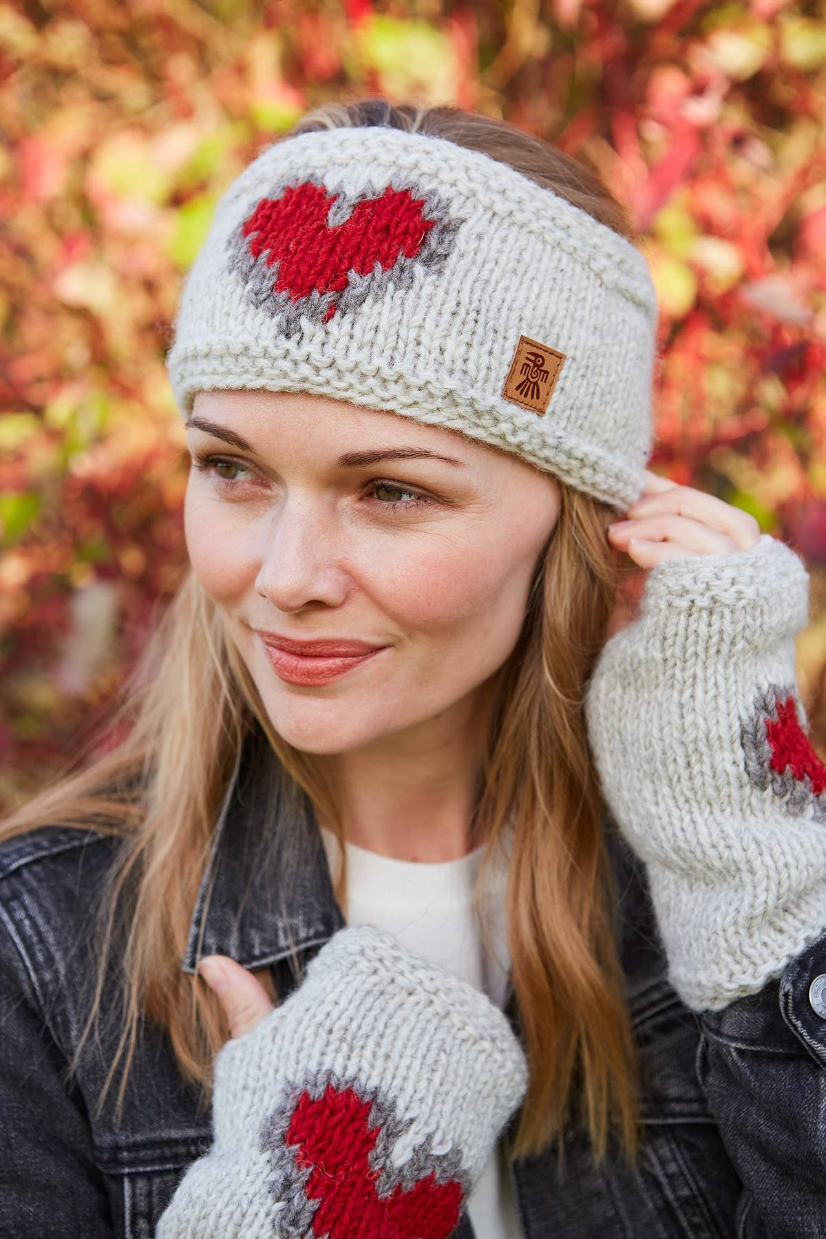 Heart - Natural Hand Knitted Wool Red Heart Fingerless Glove: One Colour