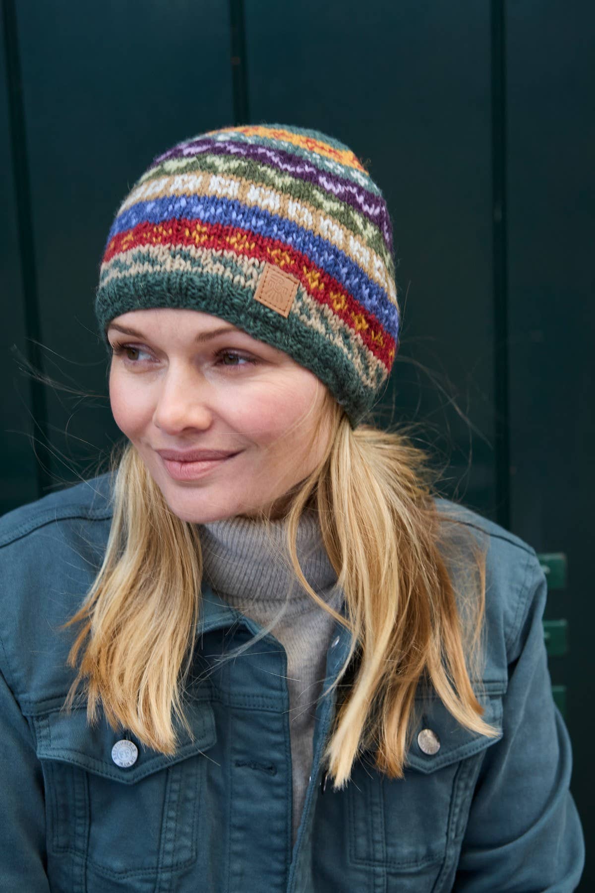 Elveden - Knitted Wool Earthy Green Fair Isle Beanie Hat: One Colour